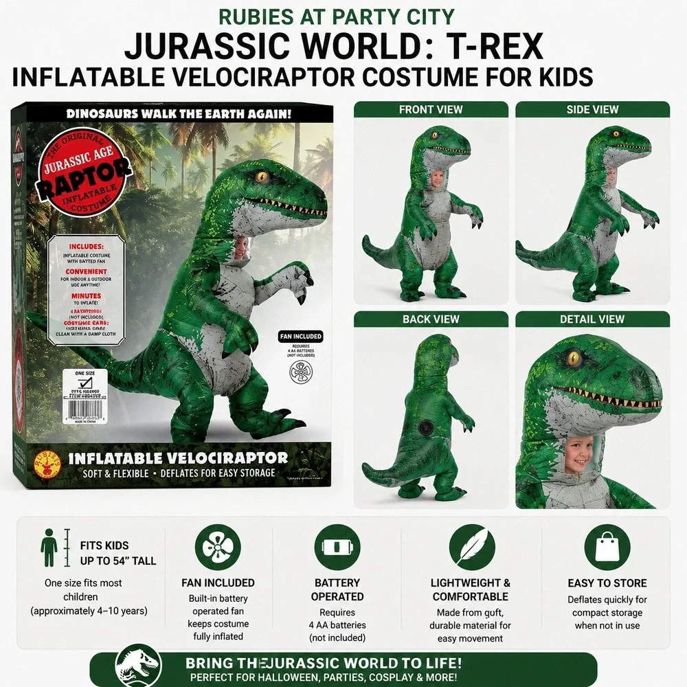 Jurassic Age Inflatable Velociraptor Dinosaur Costume Kids Green One Size Fit